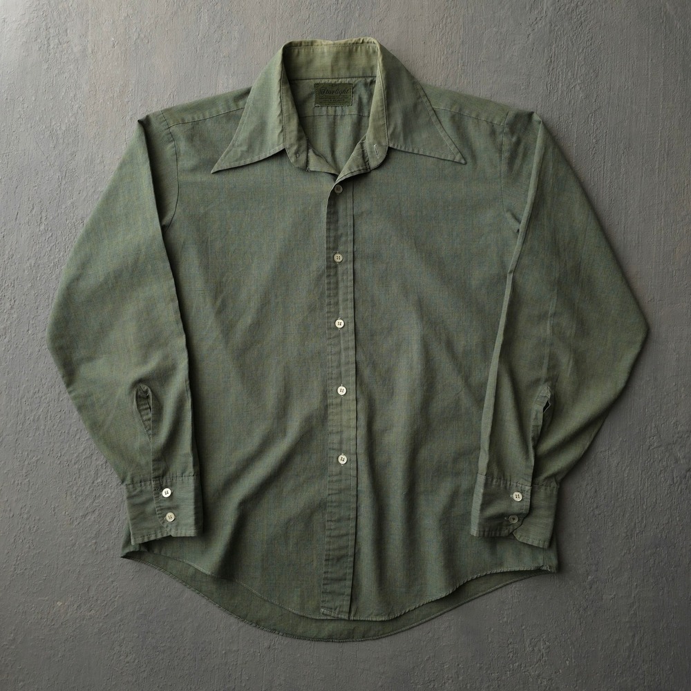 Vintage 1970s Starlight Green Button Down Shirt L Hand-Dyed Long Sleeve